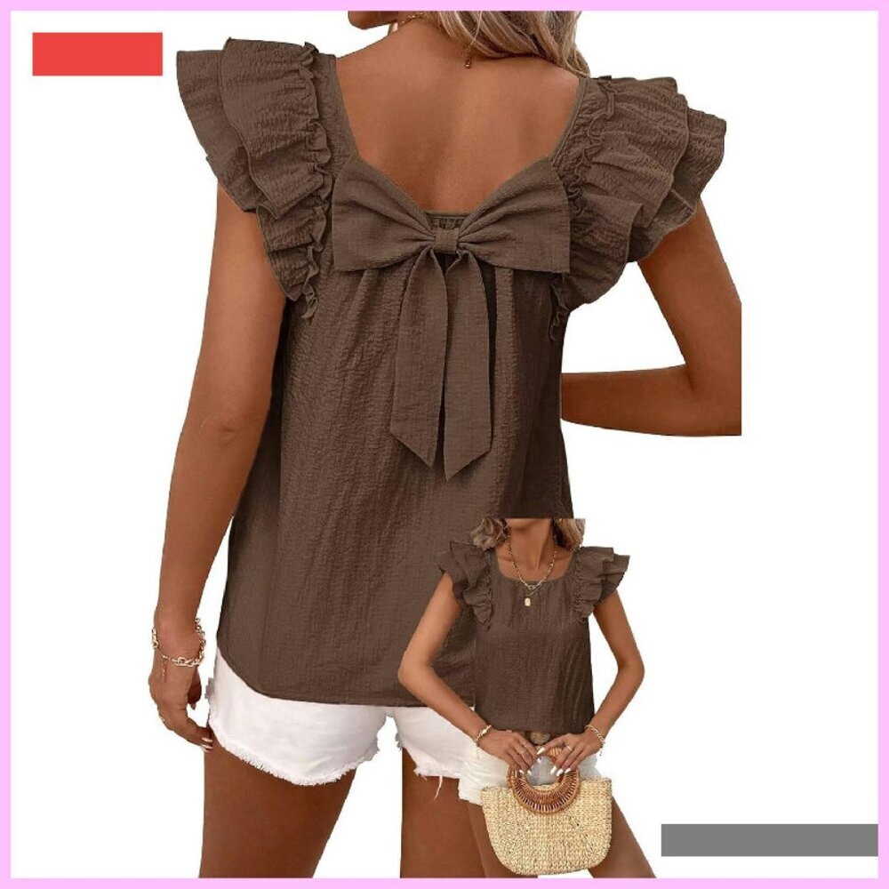 Chiffon Babydoll Tunic with Bow Tie Back Ruffle Short Sleeve Top